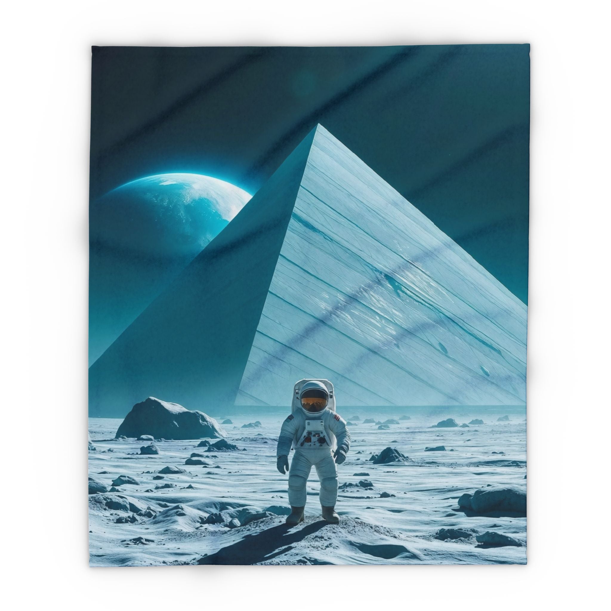 Astronaut standing on the moon with a huge ancient pyramid and the planet earth in the background.