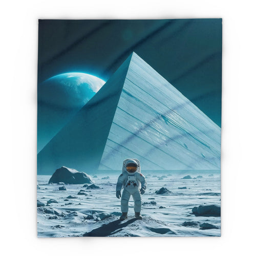 Astronaut standing on the moon with a huge ancient pyramid and the planet earth in the background.