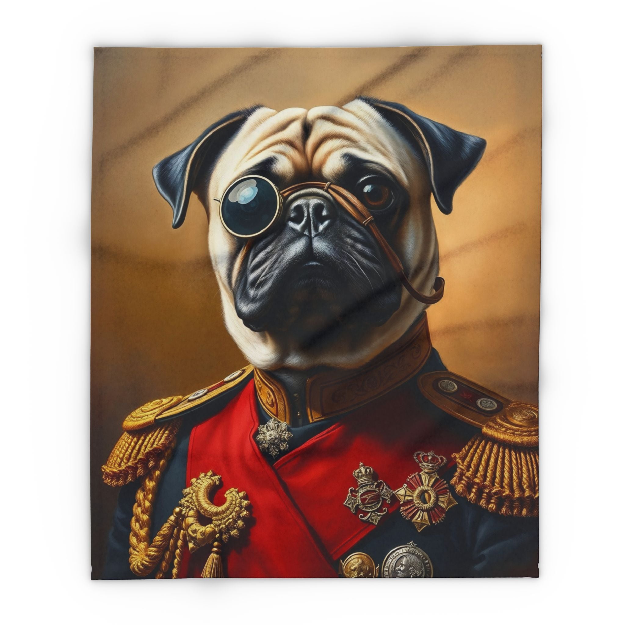 Fleece blanket of a pug dog in a regal military uniform with monocle on a brown background.