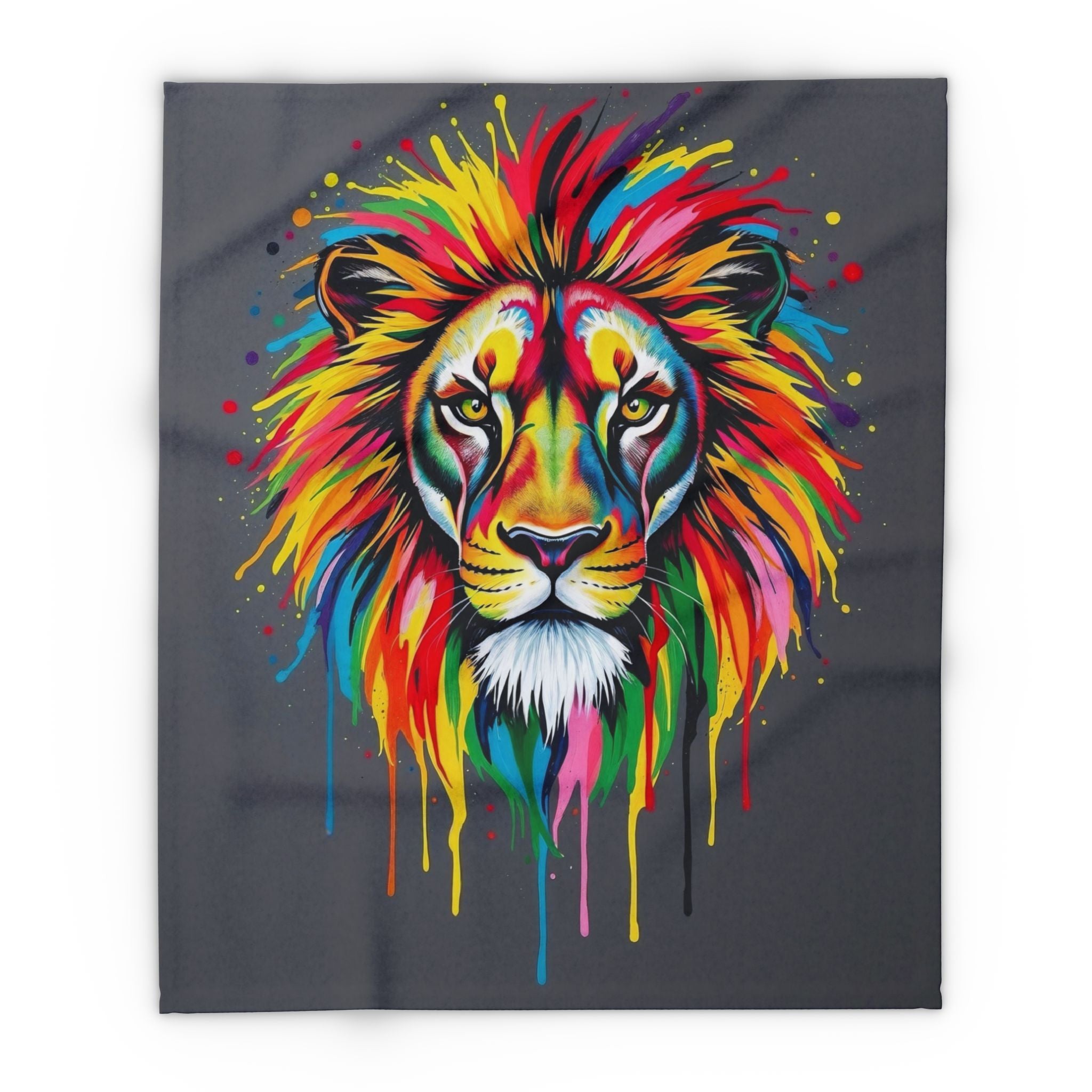 Multicoloured colourful abstract paint lion fleece blanket on a dark background.