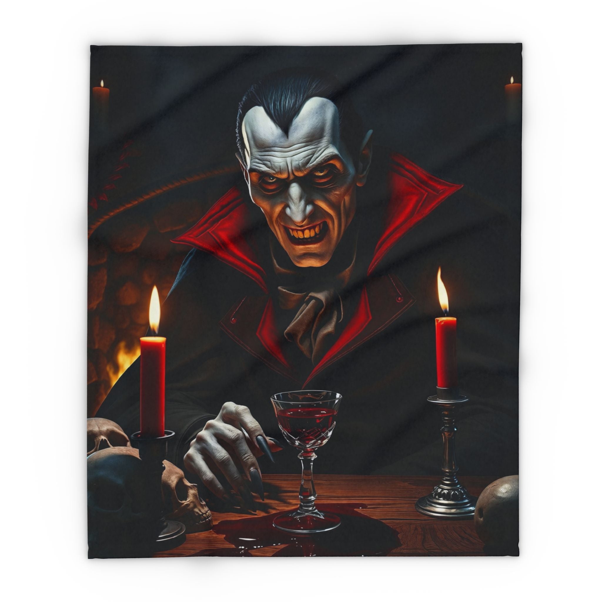Fleece blanket featuring count dracula with red cape and candles, sitting at a table with a glass of blood.