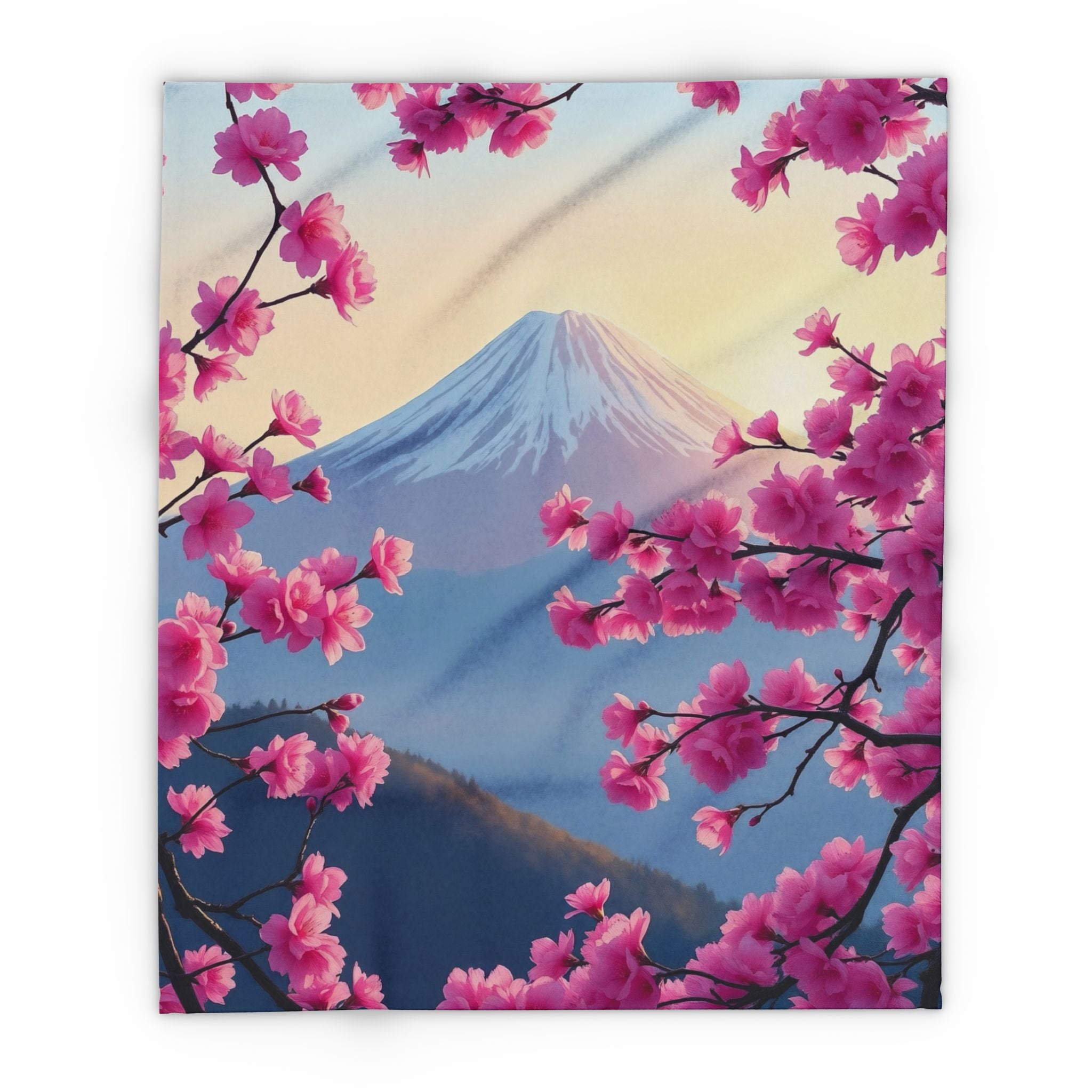 Fleece blanket with pink cherry blossoms and Mount Fuji design.