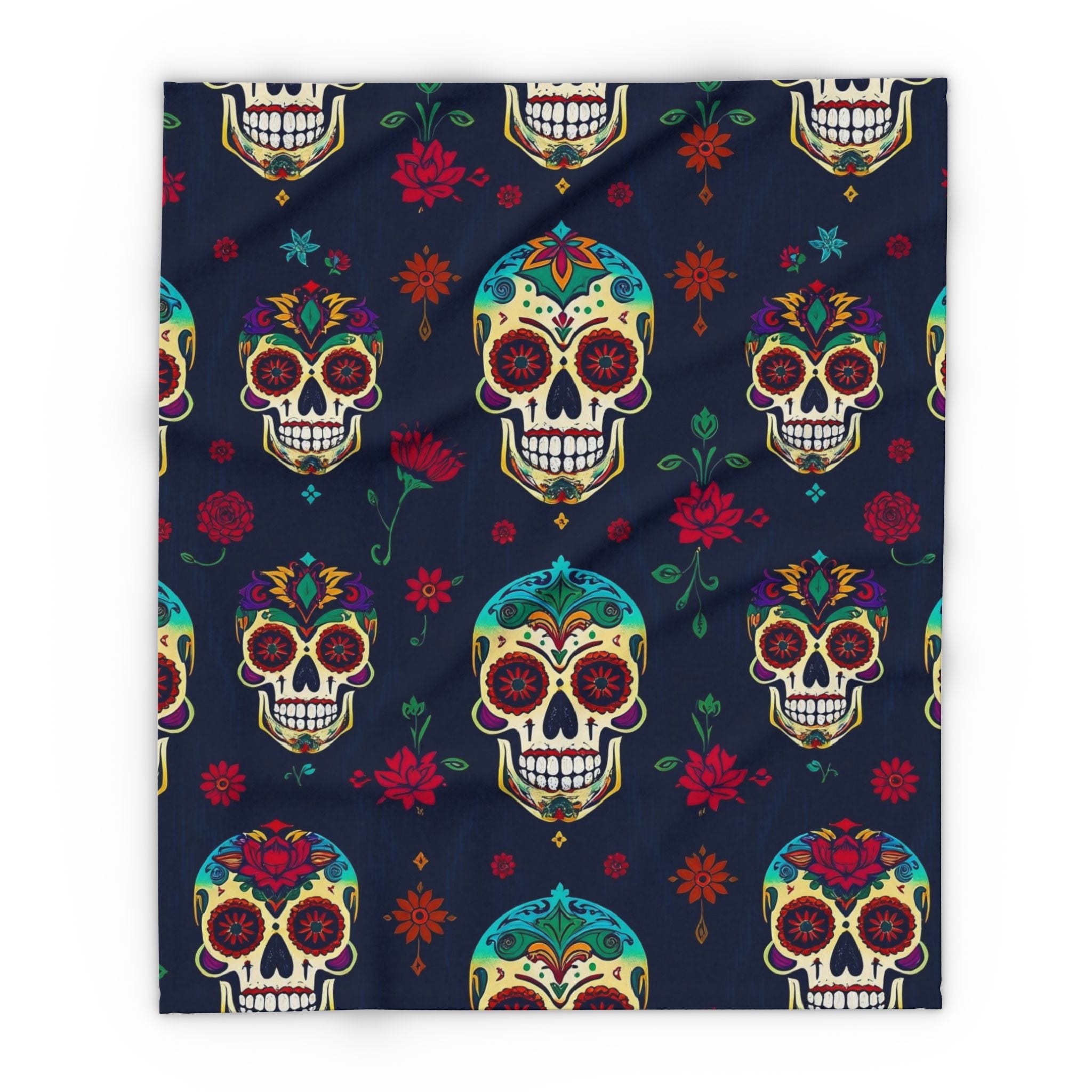 Colorful mexican day of the dead sugar skull pattern fleece blanket throw on a dark blue background.