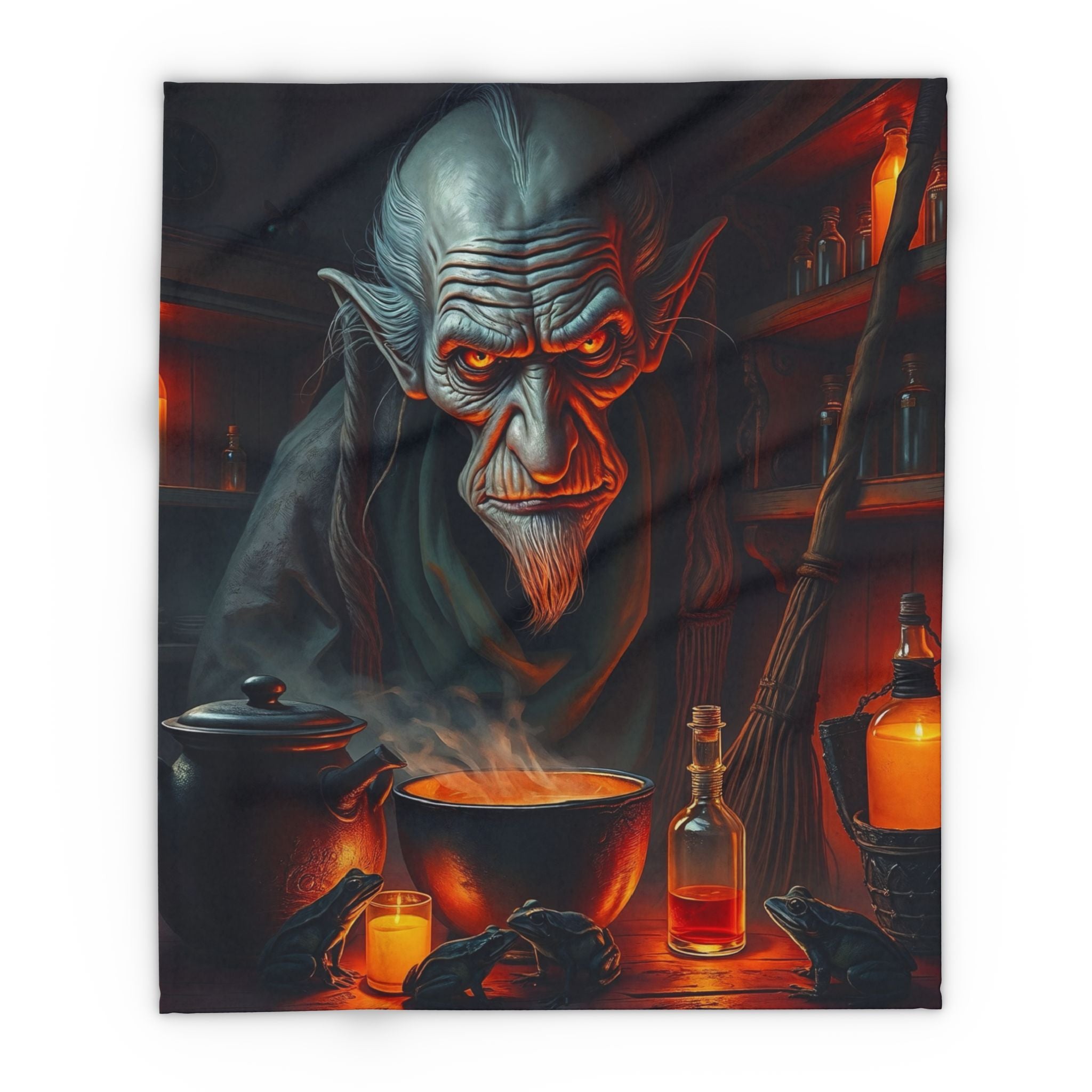Fleece blanket featuring a warlock wizard in a dimly lit room with potions and candles.