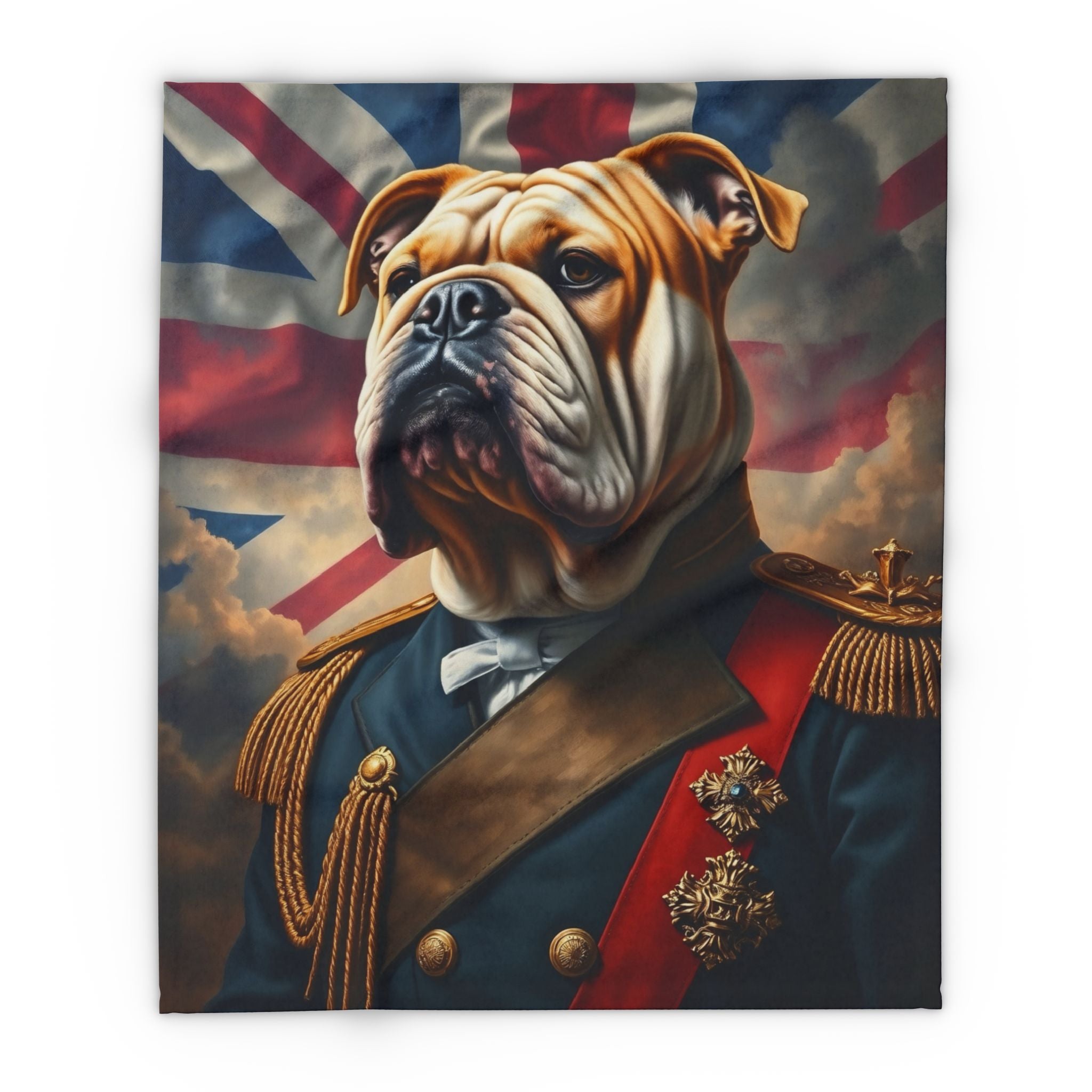 Fleece blanket featuring a British bulldog in military attire with a British Union Jack  flag in the background.