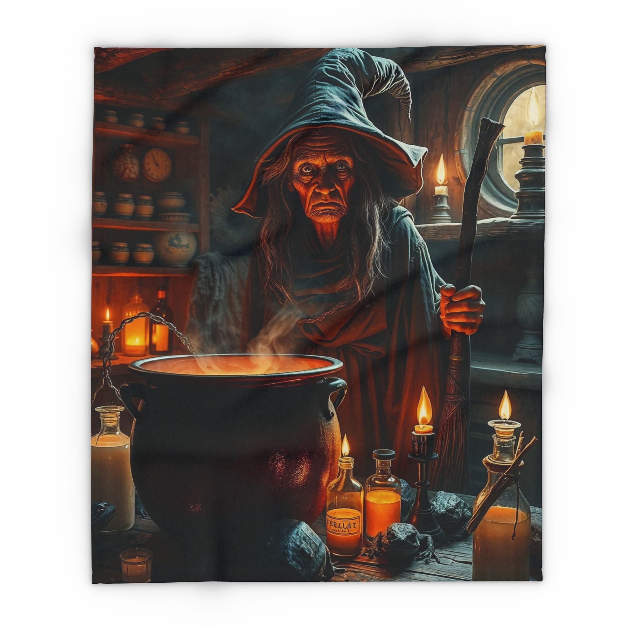 Fleece blanket featuring an evil halloween witch in a dimly lit room with a cauldron and various potion bottles.
