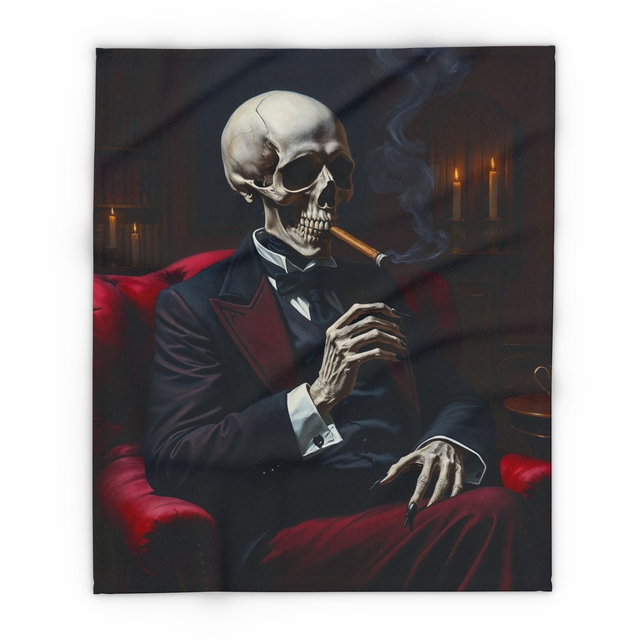 Blanket of a dark gothic halloween skeletal figure in a suit smoking a cigar on a red couch with candles in the background.