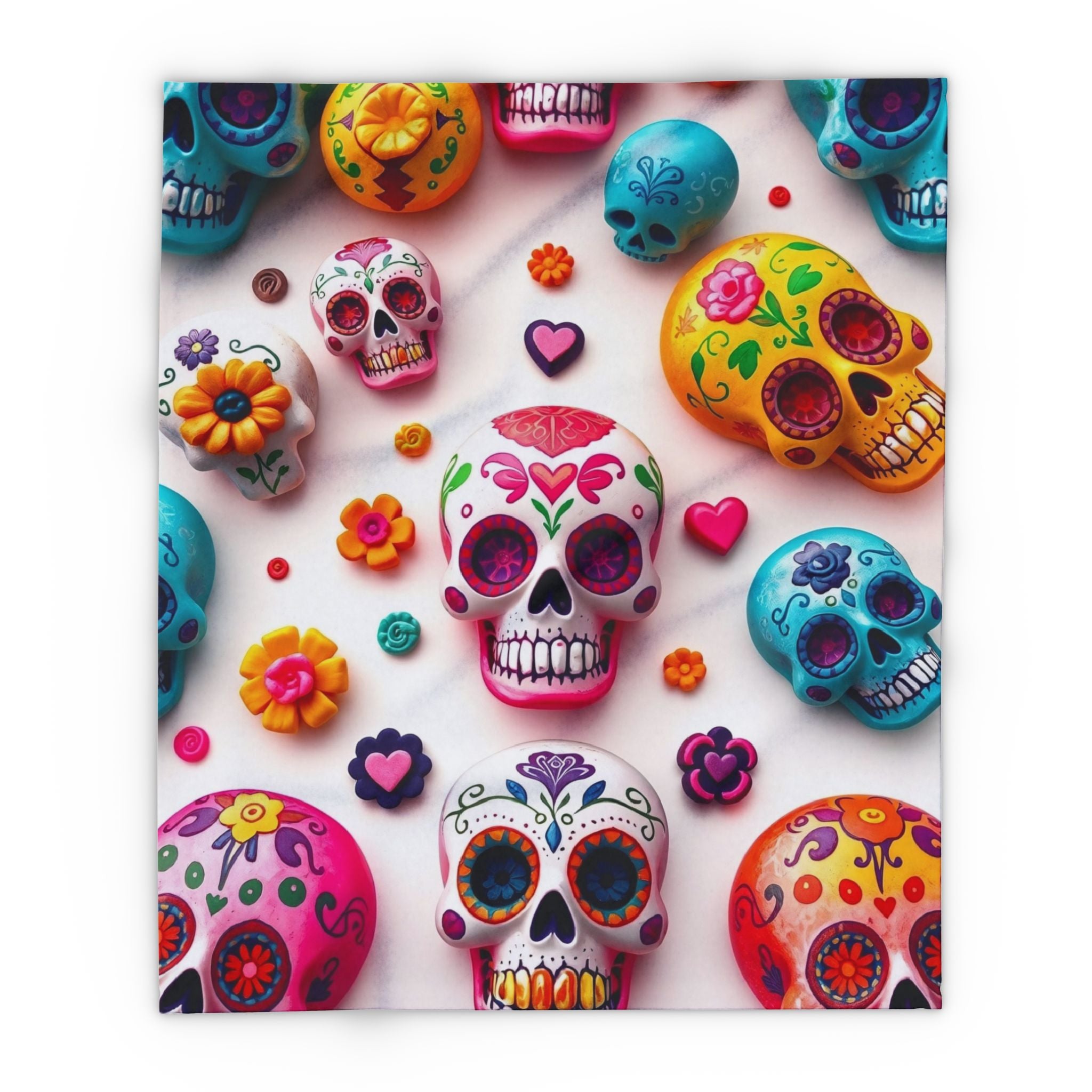 Fleece blanket throw featuring mexican day of the dead sugar sugar skull design on a white background.