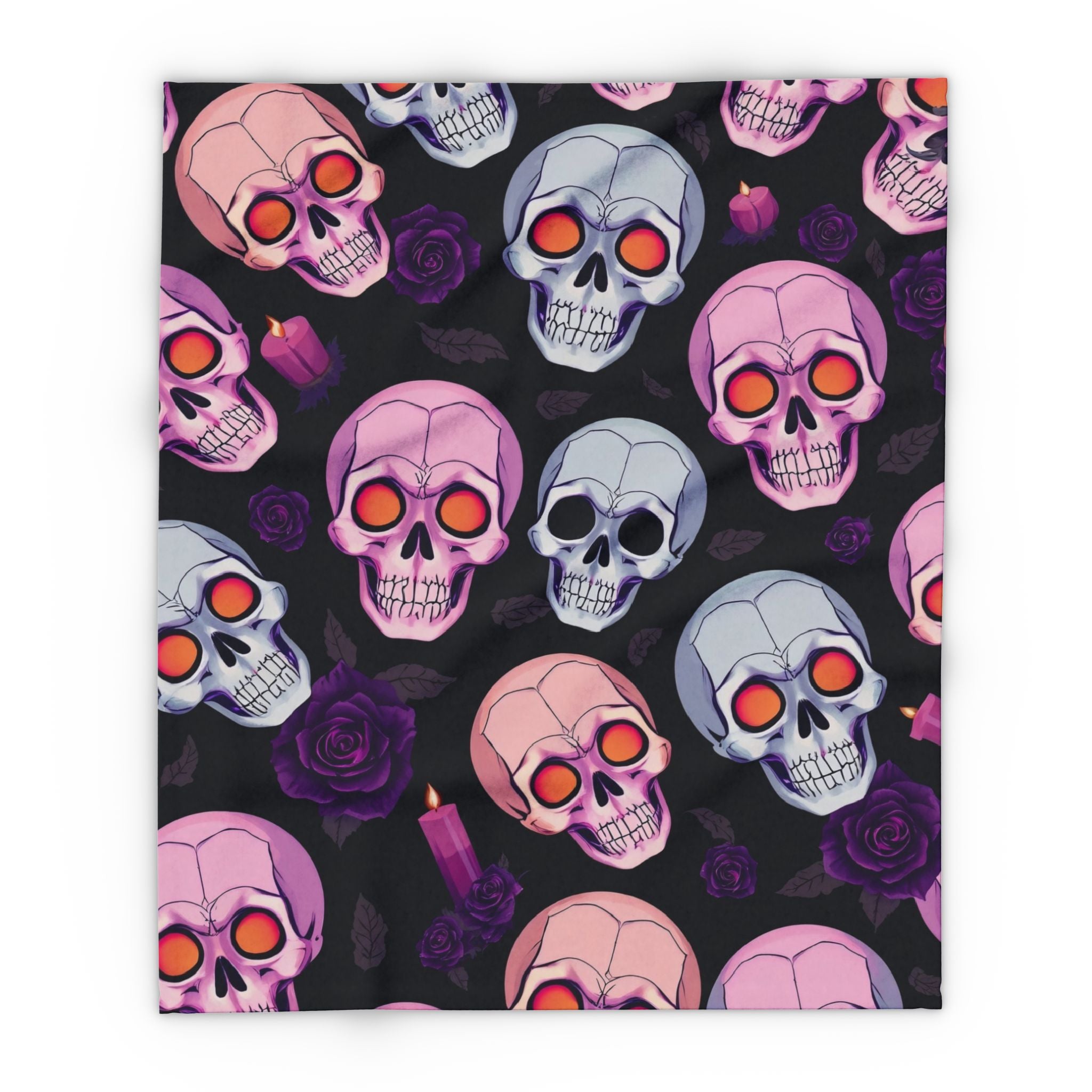 Halloween fleece blanket of spooky colorful skulls and purple roses on a black background.
